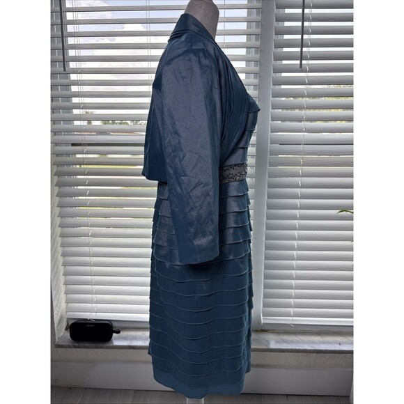Adrianna Papell Blue Tiered Satin Dress & Jacket Set Beaded Waist Size 10 - Picture 3 of 17
